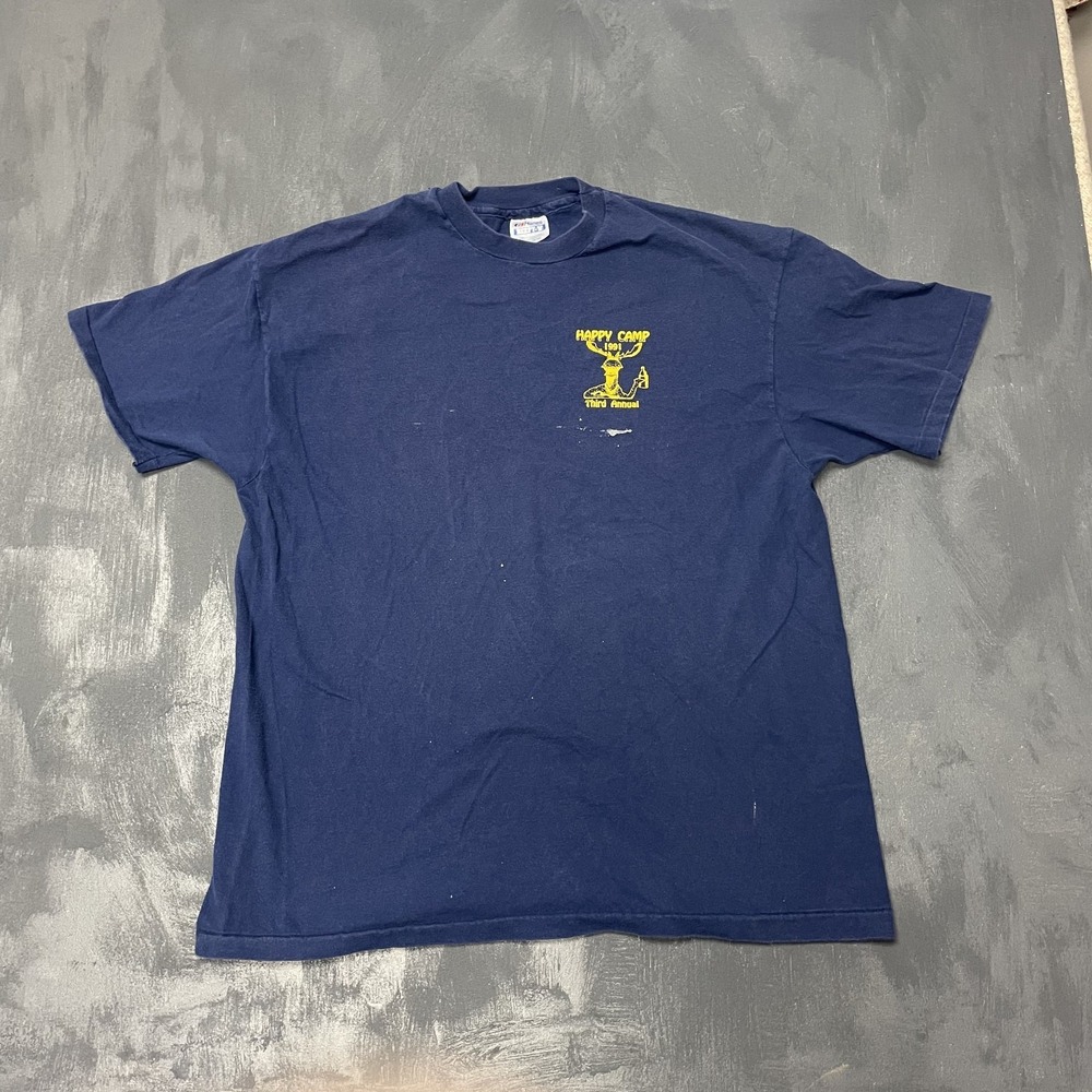 Vintage Moose Happy Camp beer shirt mens Large blue 1990s single stitch